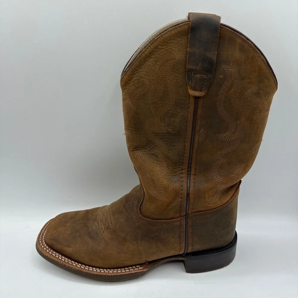 Cody James Western Leather Square Toe Boots Kids 3.0 D Brown Stitched Distressed